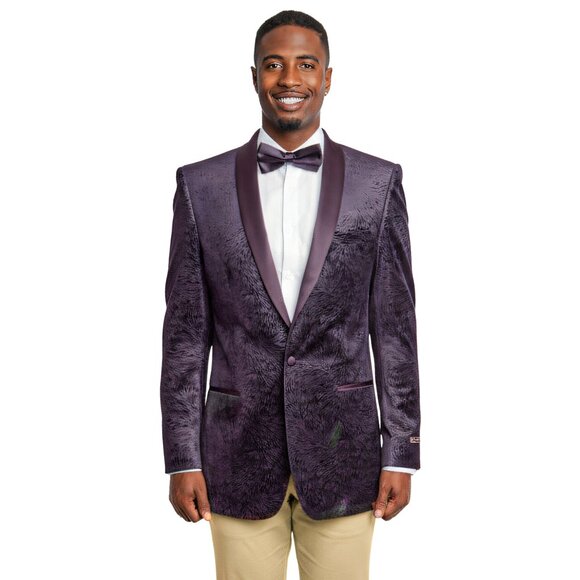 Empire™ Fuzzy Textured Velvet Dinner Jacket Modern-Fit, Satin Shawl Lapel, Plum - Picture 1 of 5